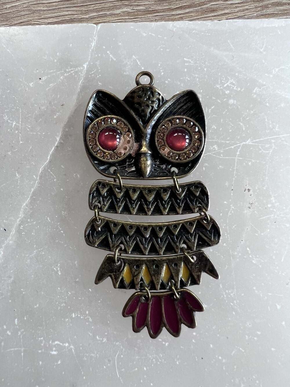 Articulated Owl Pendant Necklace w/Enamel and Rhinestones